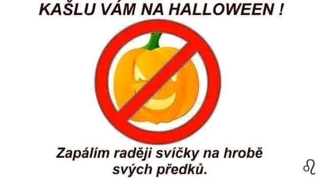 Anti-Halloween propaganda image, written in Czech. The text reads: