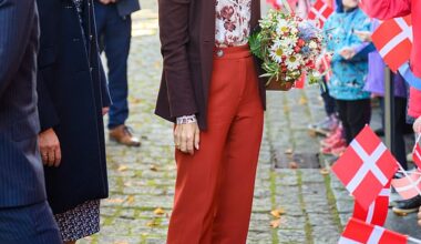 Queen Mary wears a striking pair of burnt orange tailored trousers and a burgundy blazer to visit the Schleswig-Holstein state government building today in Kiel