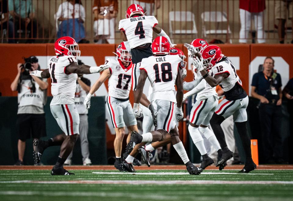 Georgia celebrate a touchdown in the first quarter of the Longhorns' game against the Georgia Bulldogs at Darrell K. Royal Texas Memorial Stadium in Austin, Oct. 19, 2024.