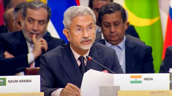 External Affairs Minister S Jaishankar during the BRICS Outreach Session, in Kazan, Russia.(PTI)