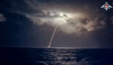 In this photo taken from video distributed by Russian Defense Ministry Press Service on Tuesday, Oct. 29, 2024, A Bulava ballistic missile is test-fired from the Okhotsk Sea during drills of Russia's nuclear forces. (Russian Defense Ministry Press Service via AP)