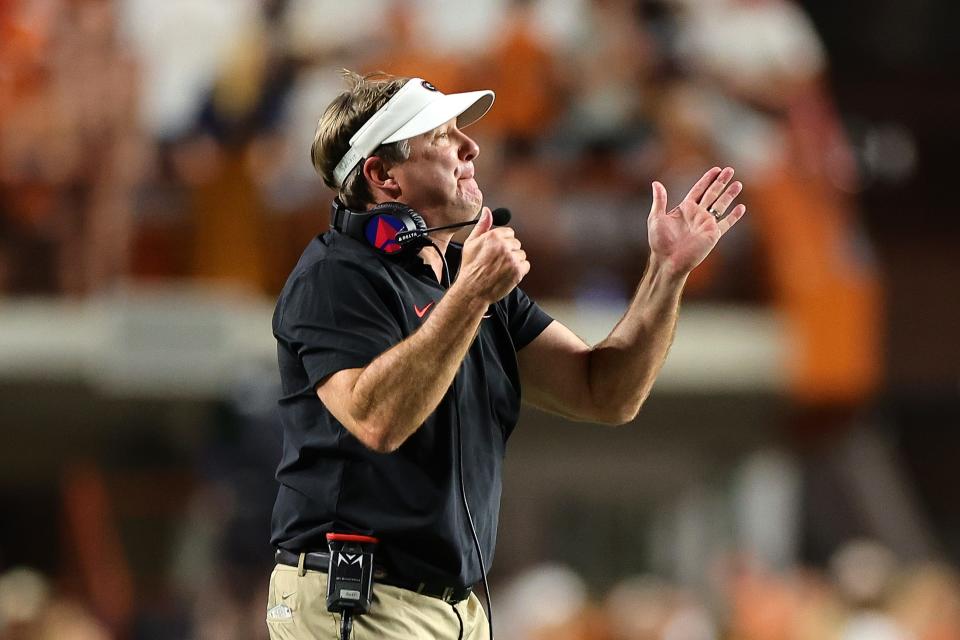AUSTIN, TEXAS - OCTOBER 19: Head coach Kirby Smart of the Georgia Bulldogs reacts during the second half against the Texas Longhorns at Darrell K Royal-Texas Memorial Stadium on October 19, 2024 in Austin, Texas. (Photo by Alex Slitz/Getty Images)