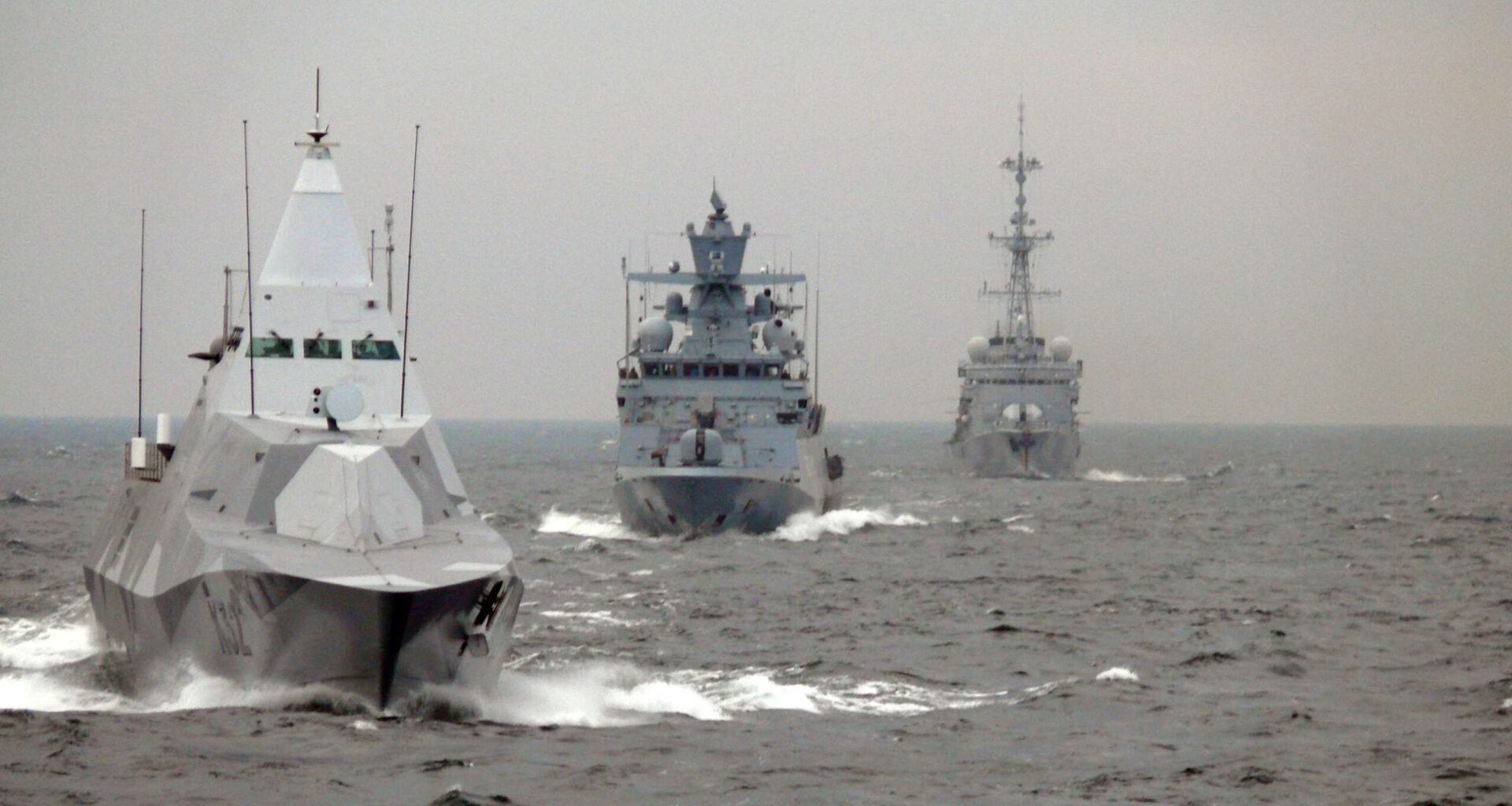 A Swedish and a German corvette and a French frigate during exercise Northern Coasts 2019 in the Baltic Sea.