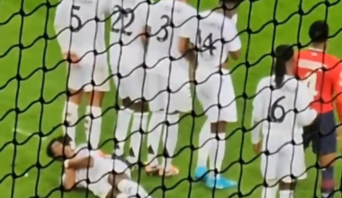 Rudiger making Endrick cross his arms in the free kick wall