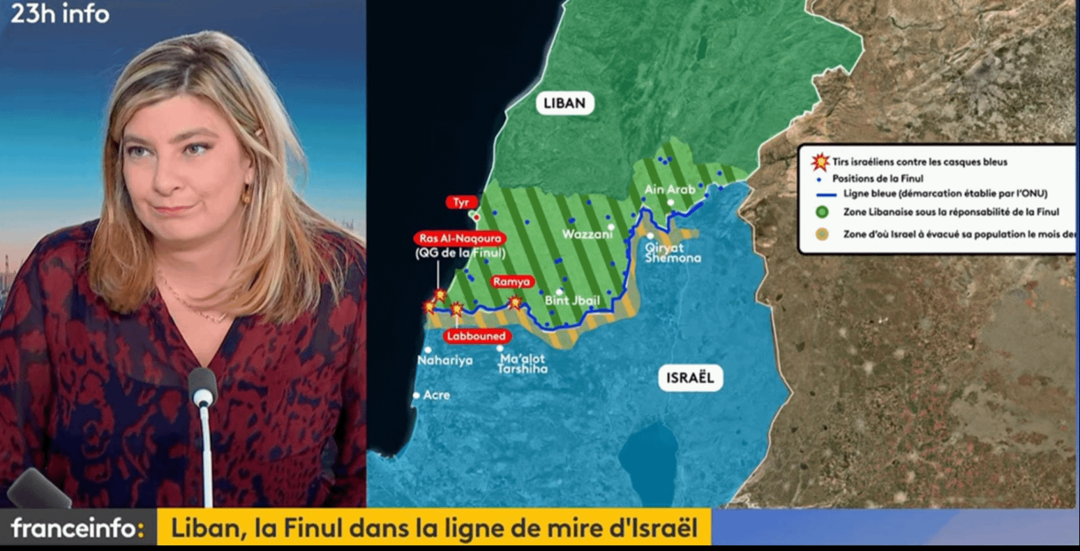 Nay Naayem la "spécialiste des questions internationales" de Franceinfo explique la situation au sud Liban en utilisant une carte qui intègre le plateau du Golan comme étant israélien, contrairement aux décisions des N.U. & la position de la France, qui ne reconnait pas ce territoire comme israélien