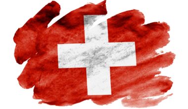 Switzerland flag is depicted in liquid watercolor style isolated on white background