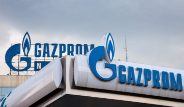 Picture of the logo of Gazprom on their Serbian main office in Belgrade. Gazprom is one of the main oil compnaies from Russia