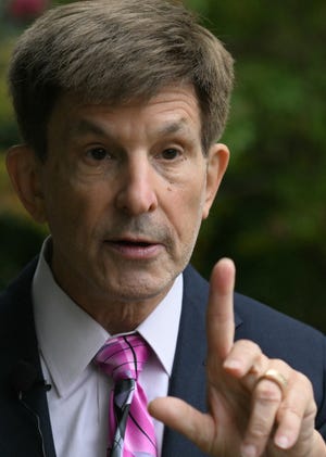 Historian Allan Lichtman answers questions during an interview in Bethesda, Maryland, on Sept. 7, 2024. Lichtman created a model using 13 true/false criteria to predict whether the presidential candidate of the incumbent party will win or lose the next election. He had predicted democratic candidate Kamala Harris would win the US elections in 2024.