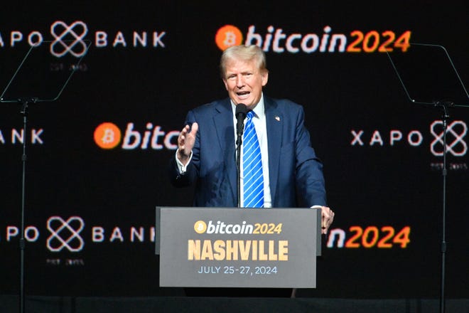 Former President Donald Trump addresses the Bitcoin 2024 conference at Music City Center in Nashville, Tenn., Saturday, July 27, 2024.