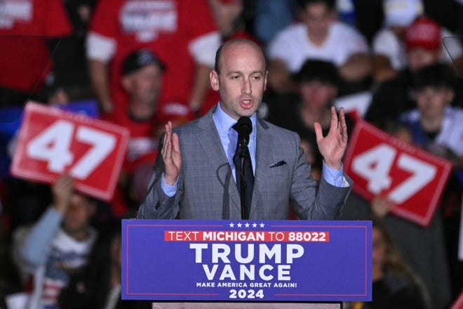 Stephen Miller speaks at a rally for former US President and Republican presidential candidate Donald Trump at the Suburban Collection Showplace in Novi, Michigan, October 26, 2024.