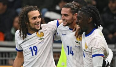Adrien Rabiot (C) netted twice for France against Italy on Sunday (Isabella BONOTTO)