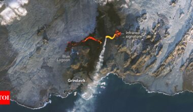 Nasa captures satellite image of fiery lava flow close to Iceland’s Blue Lagoon