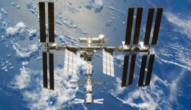 This image provided by NASA shows backdropped by a blue and white part of Earth, the International Space Station is seen from Space Shuttle Discovery as the two spacecraft begin their relative separation Wednesday June 11, 2008. Earlier the STS-124 and Expedition 17 crews concluded almost nine days of cooperative work on board the Shuttle and Station. (AP Photo/NASA)