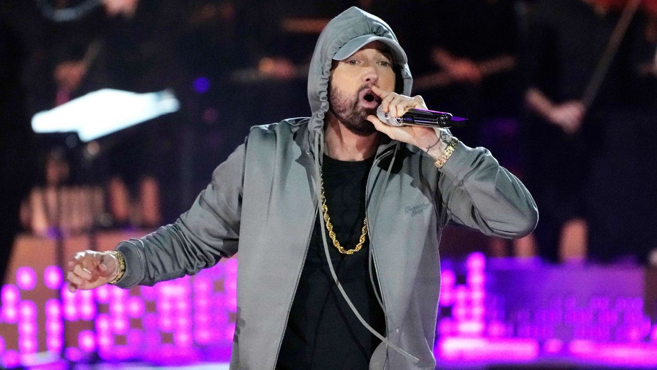Eminem performs during "Live From Detroit: The Concert at Michigan Central," June 6, 2024, in Detroit. (AP Photo/Carlos Osorio)