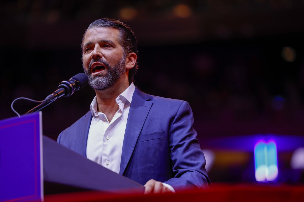 Donald Trump Jr. speaks during a campaign rally for Republican presidential nominee, former U.S. President Donald Trump at Madison Square Garden on October 27, 2024 in New York City. 