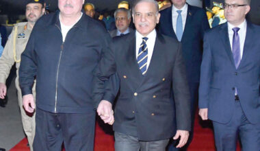 prime minister shehbaz sharif walks with belarus president aleksandr lukashenko after receiving him upon his arrival at the paf nur khan air base photo sabah