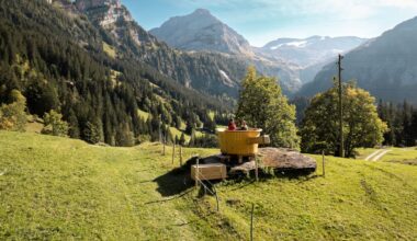 In the Swiss Alps, you can rent a ‘fondue backpack’ and hike to a giant fondue pot