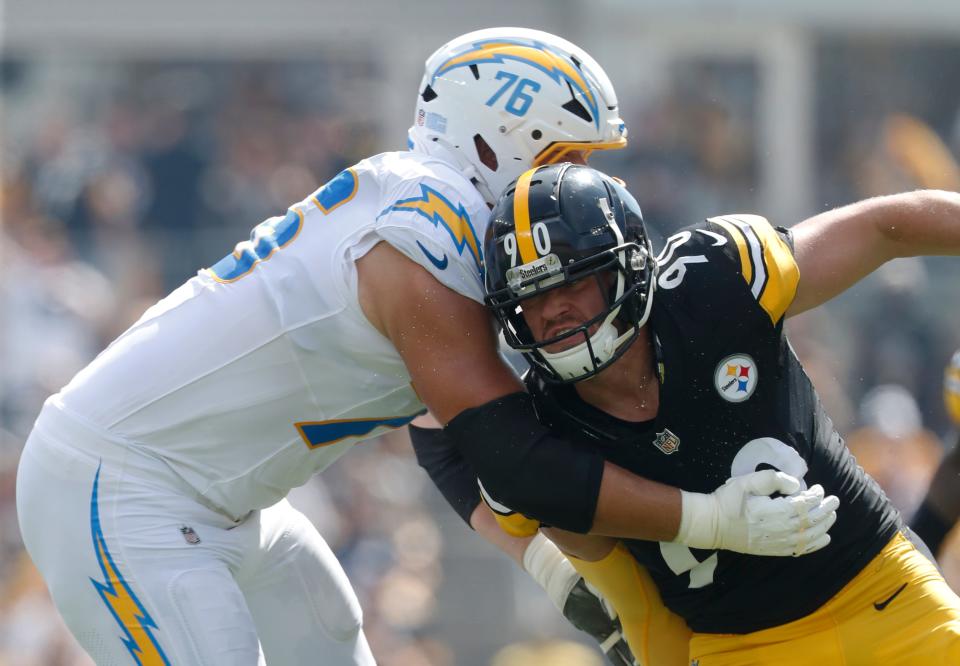 Los Angeles Chargers offensive tackle Joe Alt (76) blocks at the line of scrimmage against Pittsburgh Steelers linebacker T.J. Watt (90) during the first quarter at Acrisure Stadium. Pittsburgh won 20-10. Mandatory Credit: Charles LeClaire-Imagn Images