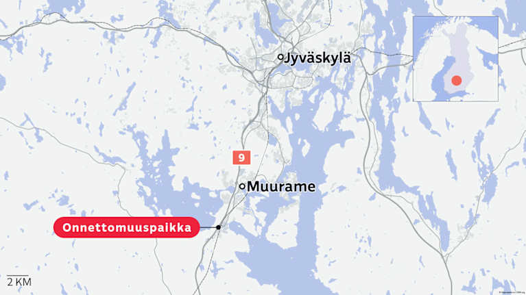 Kartta näyttää onnettomuuspaikan sijainnin Muuramessa.