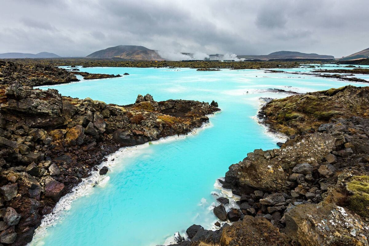 Wide angle view of the landscape at the Blue Lagoon.