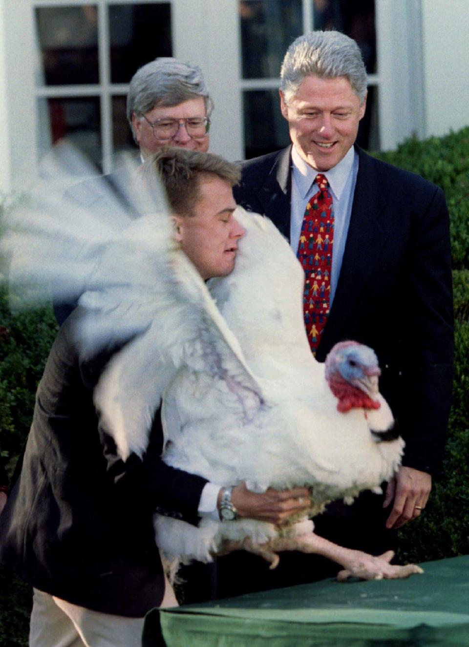 President Clinton looks on as he is presented with the annual Thanksgiving turkey from Andy Rutledge, on Nov. 22, 1995 in the Rose Garden. Clinton said of the turkey, which will be spared from being turned into a holiday treat, "There are so many turkeys in Washington, I should pardon at least one."