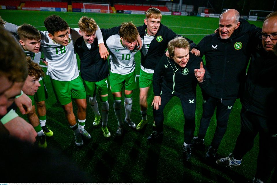 Ireland U17 head coach Colin O'Brien talks to his side after they qualified for the next round of the U17 European Championships