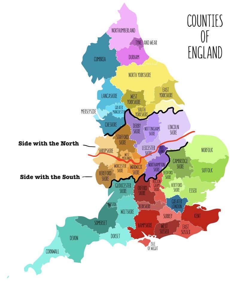 The red line shows which areas of the Midlands would side with the North or South in a civil war.