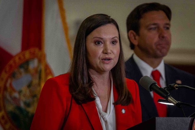 Florida Attorney General Ashley Moody speaks during a press conference at the PBSO Training Facility gymnasium on September 17, 2024, in unincorporated Palm Beach County, Fla. Governor Ron DeSantis announced an executive order to investigate the recent possible assassination attempt of former President Trump in Palm Beach County this past weekend. DeSantis explained that the State of Florida has jurisdiction and could bring attempted murder charges against the suspect, Ryan Routh.