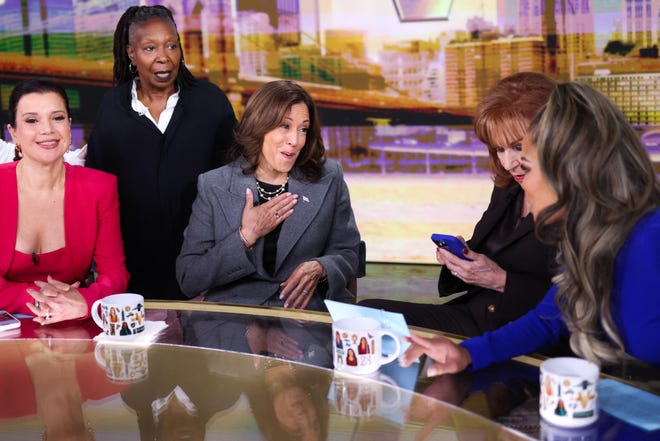 Vice President and Democratic presidential nominee Kamala Harris is pictured in studio at ABC during a break during the recording of the show "The View" in New York on October 8, 2024.
