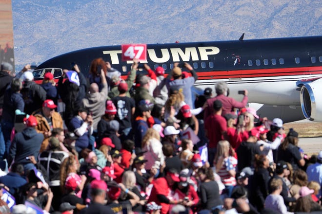 Donald Trump's plane arrives at the Albuquerque International Sunport Airport for a political rally in Albuquerque, New Mexico on Oct. 31, 2024.