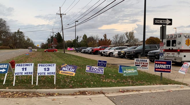 Political signs greet voters at the entrance of West Maple Elementary School on Inkster Road in Bloomfield Twp. on Election Day on Tuesday, Nov. 5, 2024,