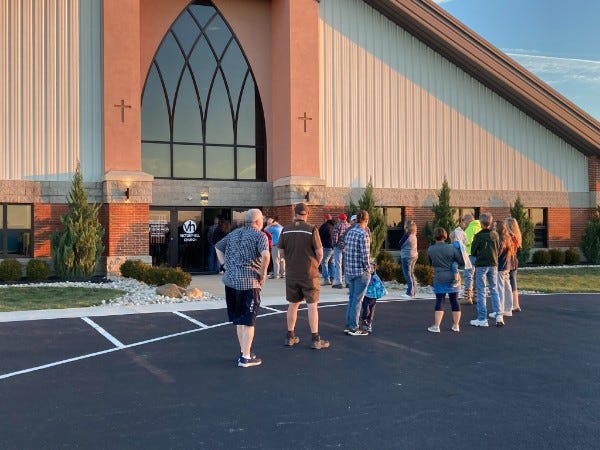 Voters wait to cast their ballots early Tuesday morning at Victory Hill church in Fairfield County's Greenfield Township.