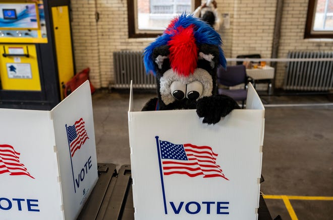 Hooper, the Pistons mascot, visits a polling place inside the Detroit Fire Department Engine 17 Ladder 7 station during Election Day in Detroit on Tuesday, Nov. 5, 2024.
