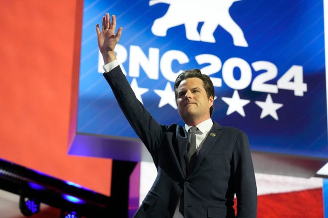 Rep. Matt Gaetz, R-Fla. speaks during the third day of the Republican National Convention at Fiserv Forum. The third day of the RNC focused on foreign policy and threats.