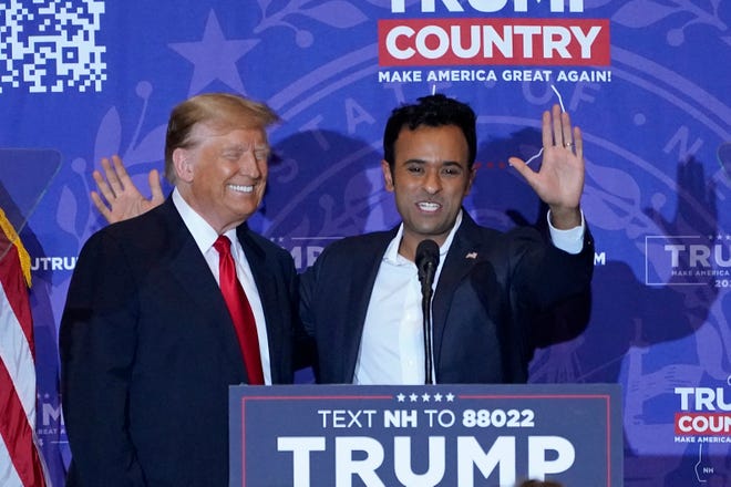 Former Republican presidential candidate Vivek Ramaswamy endorses former President Donald Trump's reelection campaign in Atkinson, N.H., on Jan. 16, 2024.