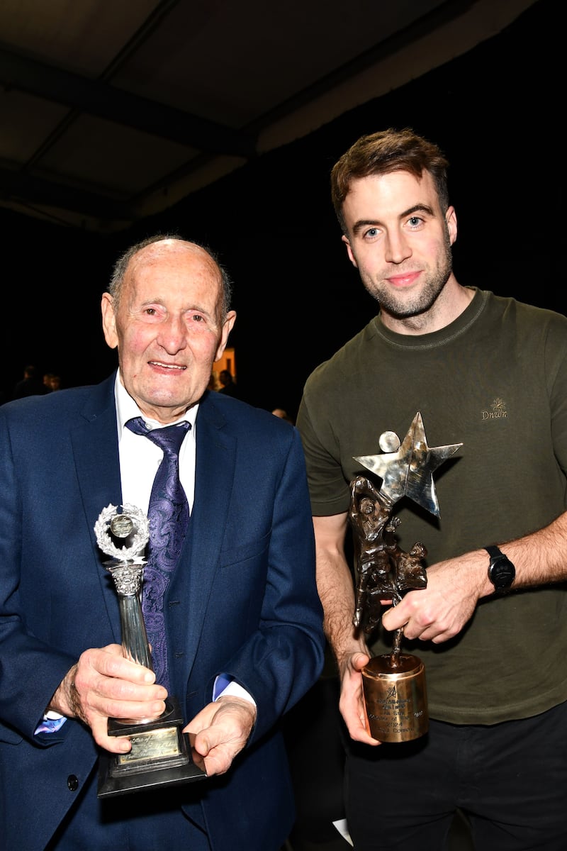 Noel Tierney, Footballer of the Year 1964, and Paul Conroy, Footballer of the Year 2024, at a celebration in Milltown to mark Tierney's sporting career. Photograph: Jacinta Fahy