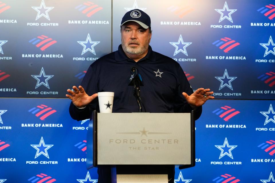 Jun 5, 2024; Frisco, TX, USA; Dallas Cowboys head coach Mike McCarthy addresses the media before practice at the Ford Center at the Star Training Facility in Frisco, Texas. Mandatory Credit: Chris Jones-USA TODAY Sports
