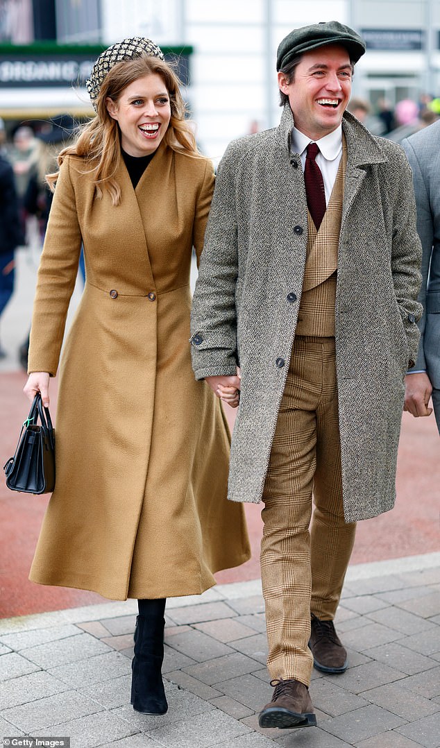 Cool in camel, Princess Beatrice and Edo coordinated in chic neutral shades at Cheltenham Racecourse earlier this year
