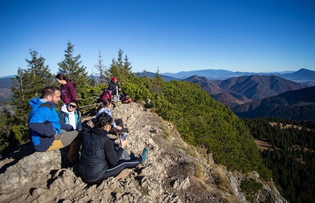 Hikers at the top of Malý Rozsutec peak in the Malá Fatra mountain range, northern Slovakia, on November 1.