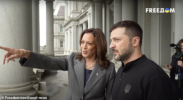 US presidential election hopeful Kamala Harris (left) with Ukraine's President Volodymyr Zelensky (right)
