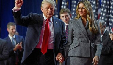 Republican presidential nominee and former U.S. President Donald Trump holds up a fist as he takes the stage with his wife Melania and son Barron, following early results from the 2024 U.S. presidential election in Palm Beach County Convention Center, in West Palm Beach, Florida, U.S., November 6, 2024