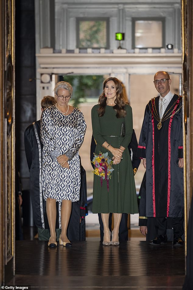 To celebrate the University's annual party that marks its founding in 1479, Mary was greeted by principal Henrik C. Wegener and chairman of the board Merete Eldrup