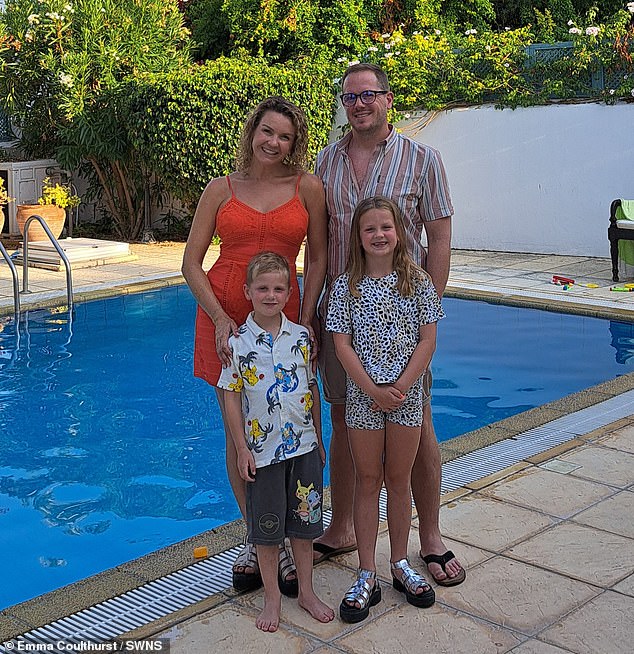 Emma Coulthurst poses in Cyprus with her husband Martin and their children - aged six and eight