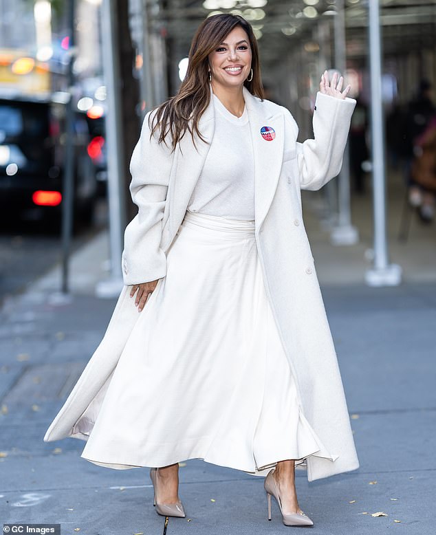 Longoria in NYC on October 30 sporting an 'I voted' sticker