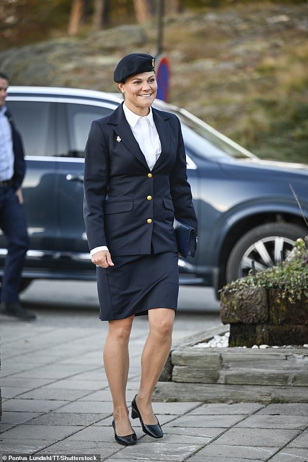 The heir to the Swedish throne, 47, was in high spirits as she arrived at Skogshem & Wijk in Lidingö for the celebration, which marks a century of the Swedish Women's Voluntary Defence Organisation