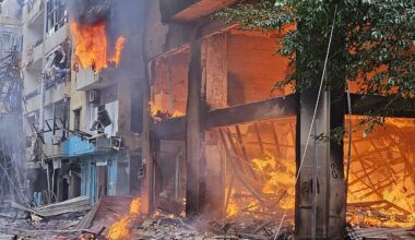 Fire rages inside buildings hit by an Israeli airstrikein Beirut's southern suburbs