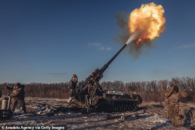 Ukrainian soldiers work with "pion" artillery in the northern direction of the Donbass frontline in January last year
