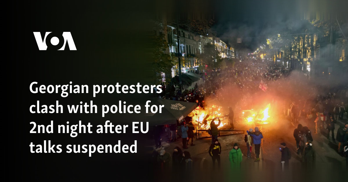 Georgian protesters clash with police for 2nd night after EU talks suspended