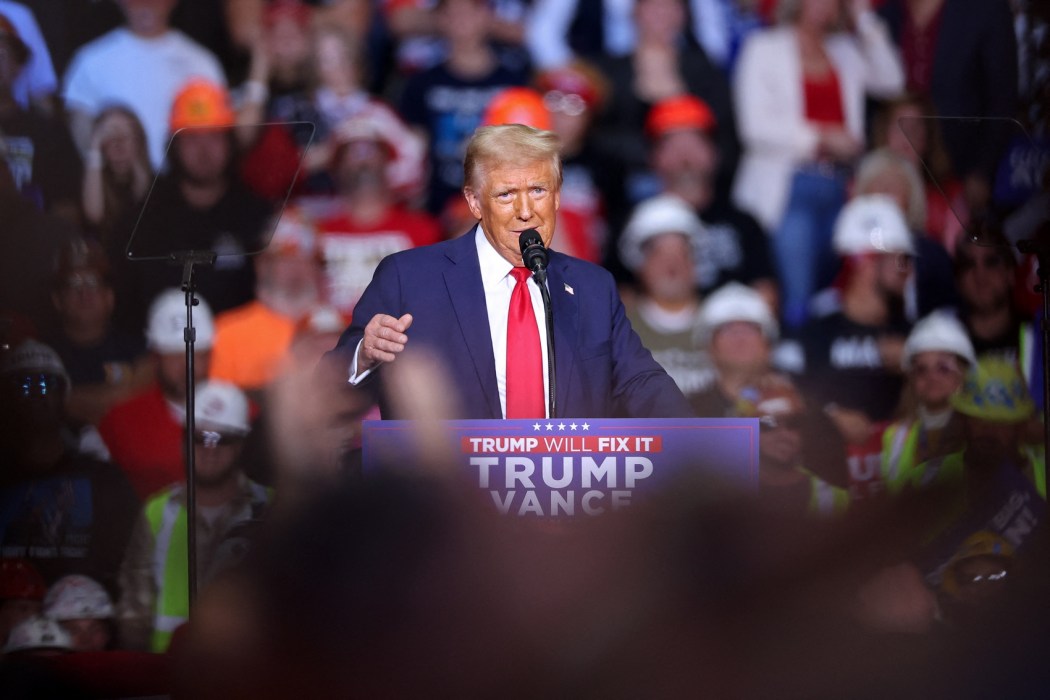 Former US President and Republican presidential candidate Donald Trump speaks during a campaign rally at PPG Paints Arena in Pittsburgh, Pennsylvania on November 4, 2024. Photo: Charly Triballeau/AFP.