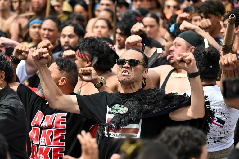 Indigenous Māori react outside New Zealand's parliament to protest against a proposed law that would redefine the country's founding agreement between Indigenous Māori and the British Crown, in Wellington, New Zealand, Tuesday, Nov. 19, 2024. (AP Photo/Mark Tantrum)